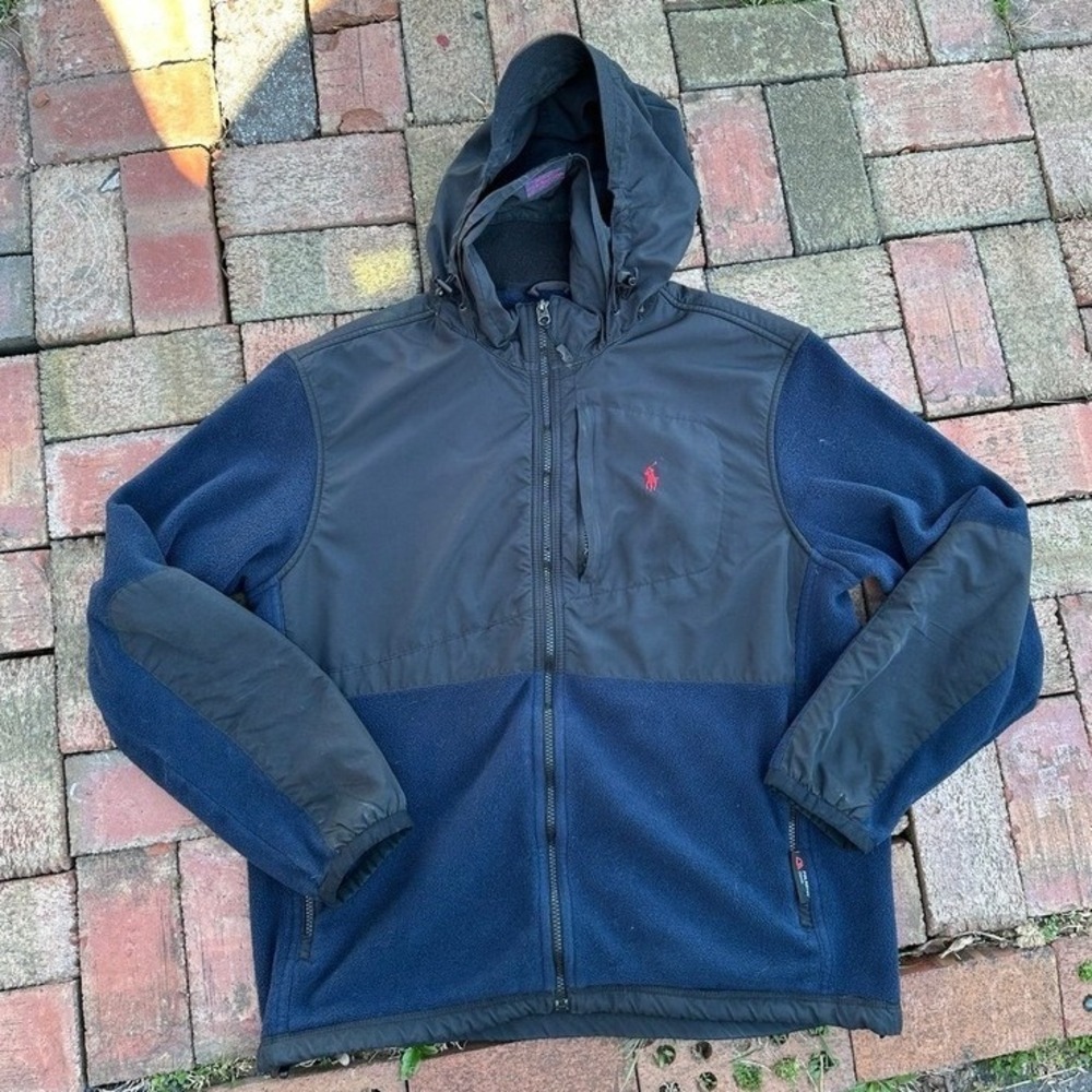 Polo Ralph Lauren Mens Navy Blue Hybrid Fleece Full Zip Hooded Jacket Large